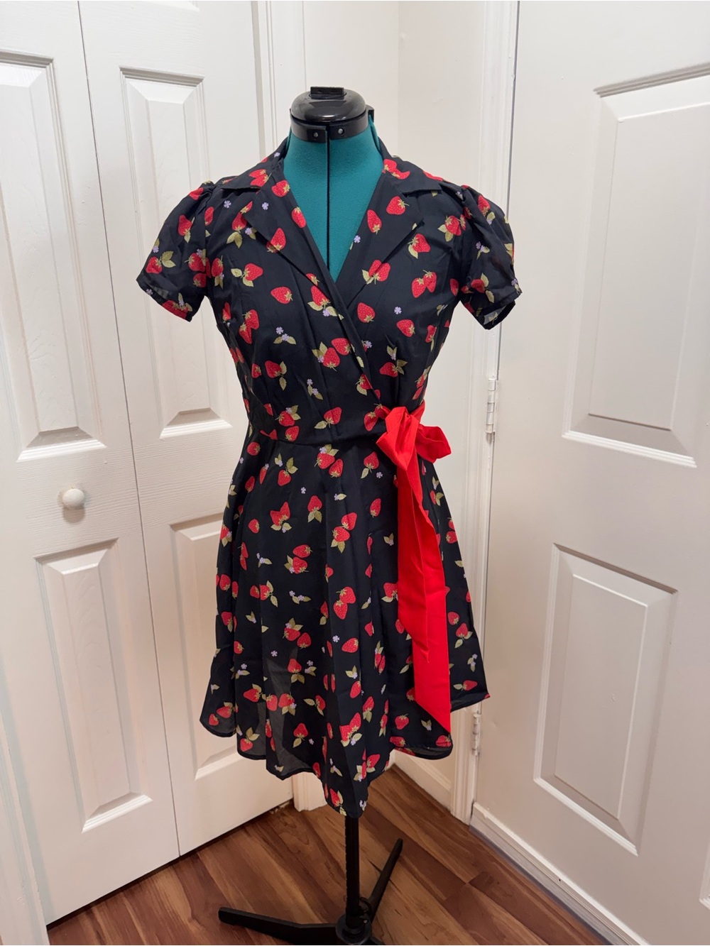 Unique Vintage Black Strawberry Print Wrap Dress with Red Sash